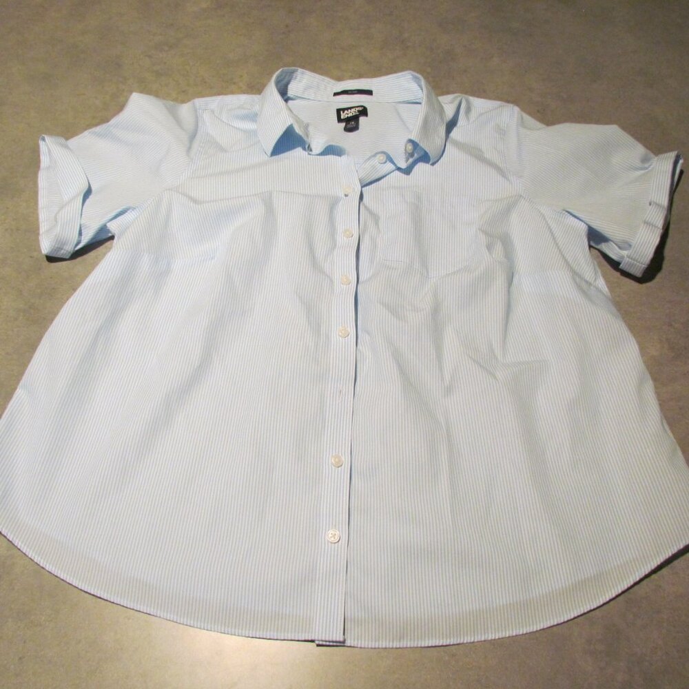 Lands End shirt Womens 1X Wrinkle Free No Iron Blue White Striped Button Up Top